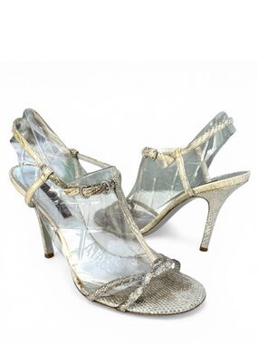 Ralph Lauren Purple Label Metallic Leather T Strap Stiletto Heel Italian Sandals